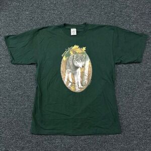 Vtg Wolf T Shirt Mens XL Green Single Stitch Made in USA Alore Earth Foundation